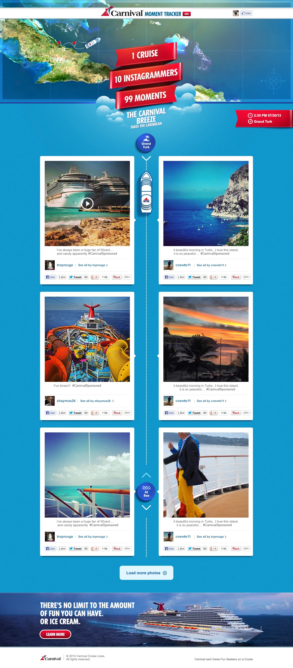 Carnival Moment Tracker homepage, interactive map of the cruise