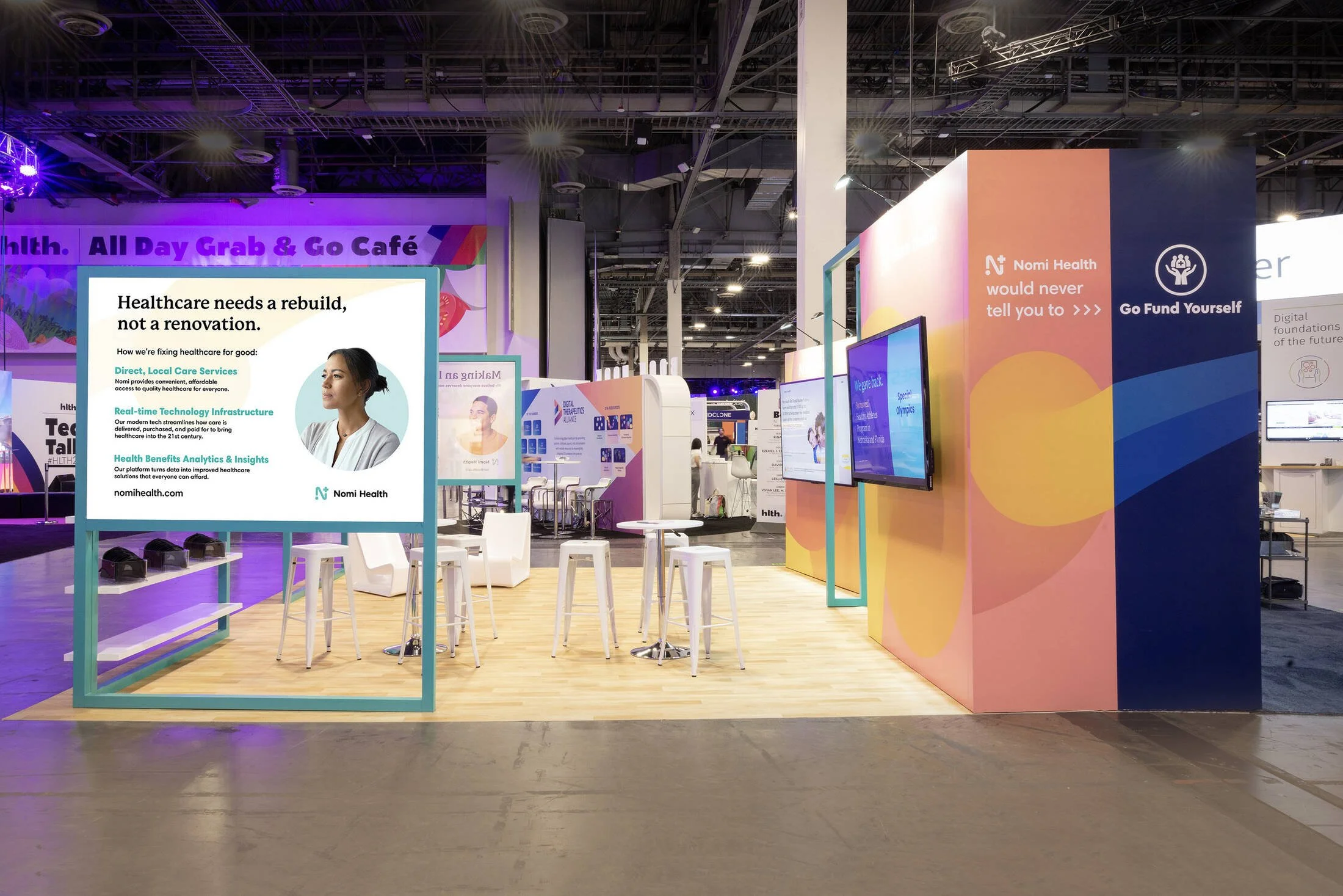 Nomi Health booth, healthcare needs a rebuild, not a renovation